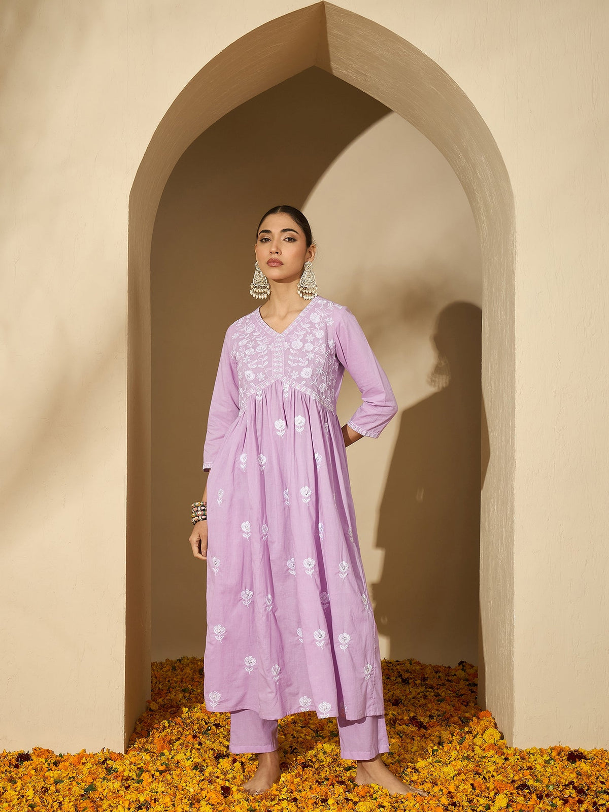 Floral Embroidered V Neck Kurta Set With Dupatta