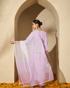 Mauve Mirage Floral Embroidered V-Neck Silk Blend Kurta Set with Dupatta