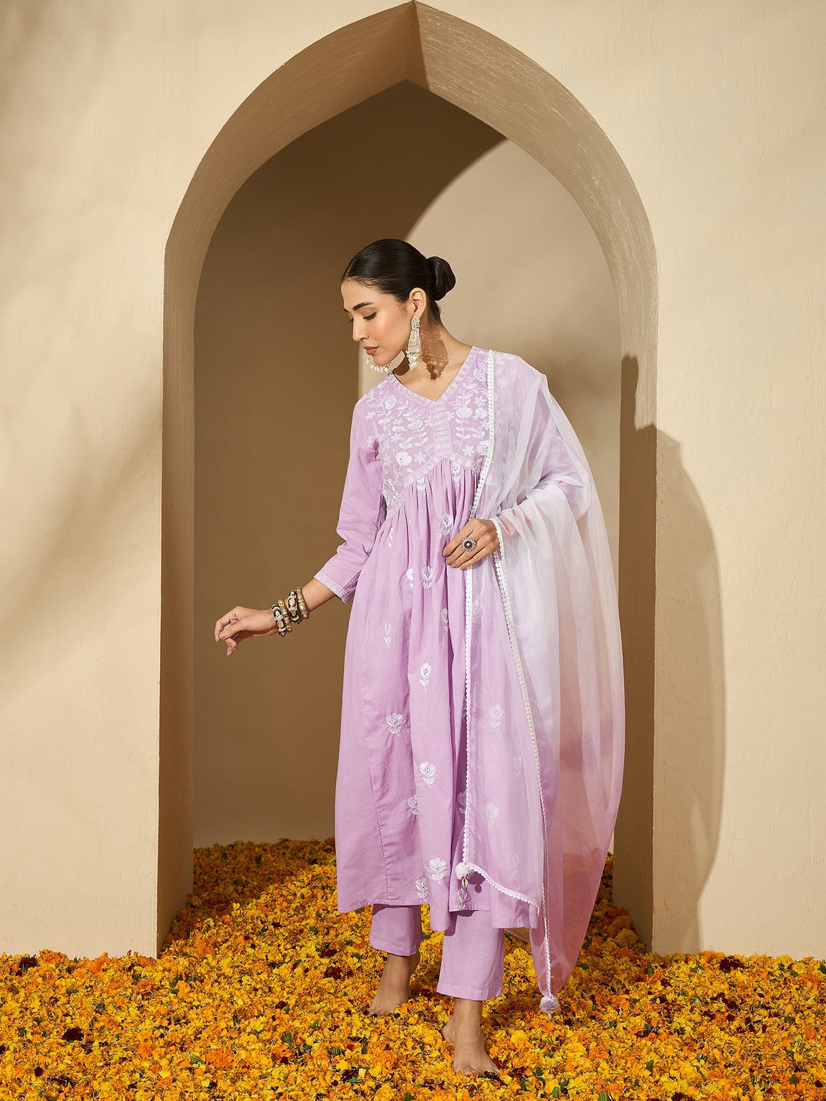Mauve Mirage Floral Embroidered V-Neck Silk Blend Kurta Set with Dupatta