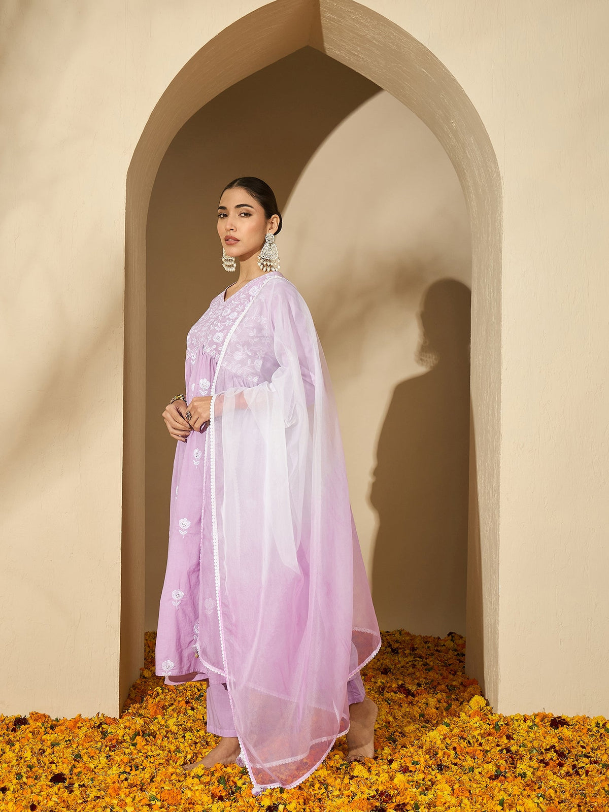 Mauve Mirage Floral Embroidered V-Neck Silk Blend Kurta Set with Dupatta