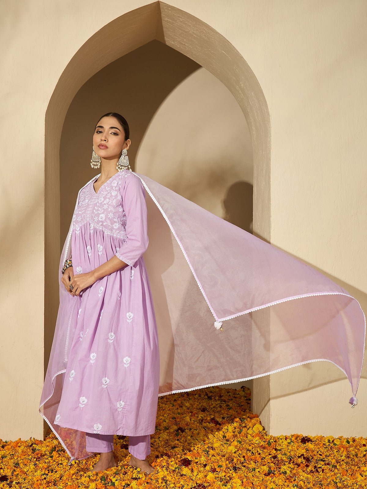 Floral Embroidered V Neck Kurta Set With Dupatta