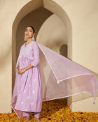 Mauve Mirage Floral Embroidered V-Neck Silk Blend Kurta Set with Dupatta