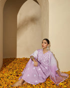 Mauve Mirage Floral Embroidered V-Neck Silk Blend Kurta Set with Dupatta