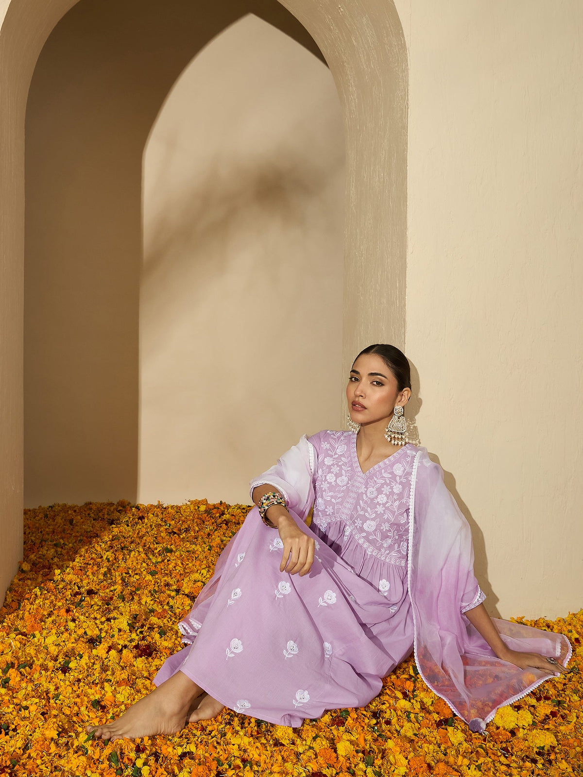 Mauve Mirage Floral Embroidered V-Neck Silk Blend Kurta Set with Dupatta