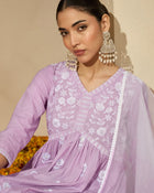Mauve Mirage Floral Embroidered V-Neck Silk Blend Kurta Set with Dupatta
