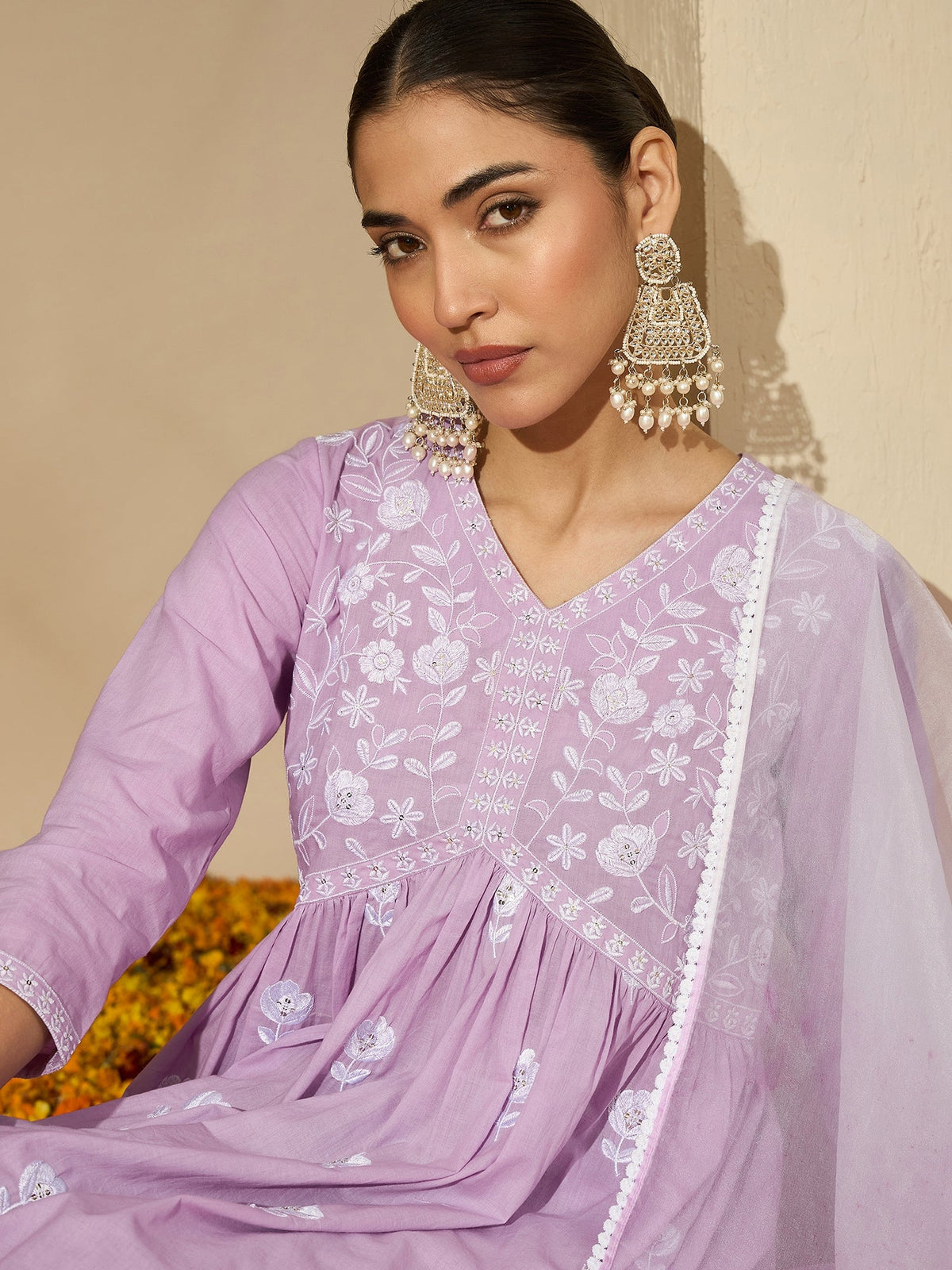 Mauve Mirage Floral Embroidered V-Neck Silk Blend Kurta Set with Dupatta