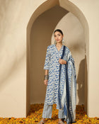 Floral Printed V Neck Straight Kurta Trouser With Dupatta