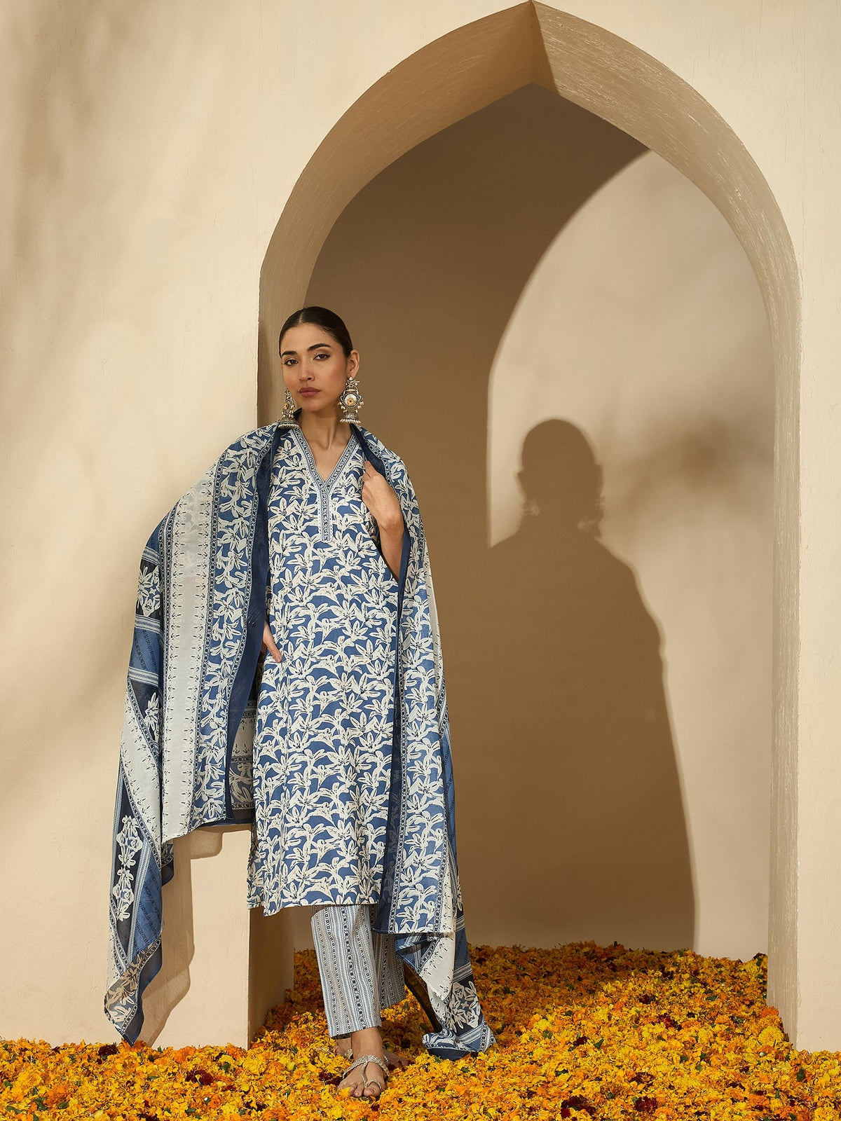 Floral Printed V Neck Straight Kurta Trouser With Dupatta
