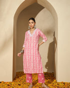 Peach Blossom Trail Floral Printed Straight Kurta with Trouser & Dupatta
