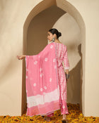 Peach Blossom Trail Floral Printed Straight Kurta with Trouser & Dupatta