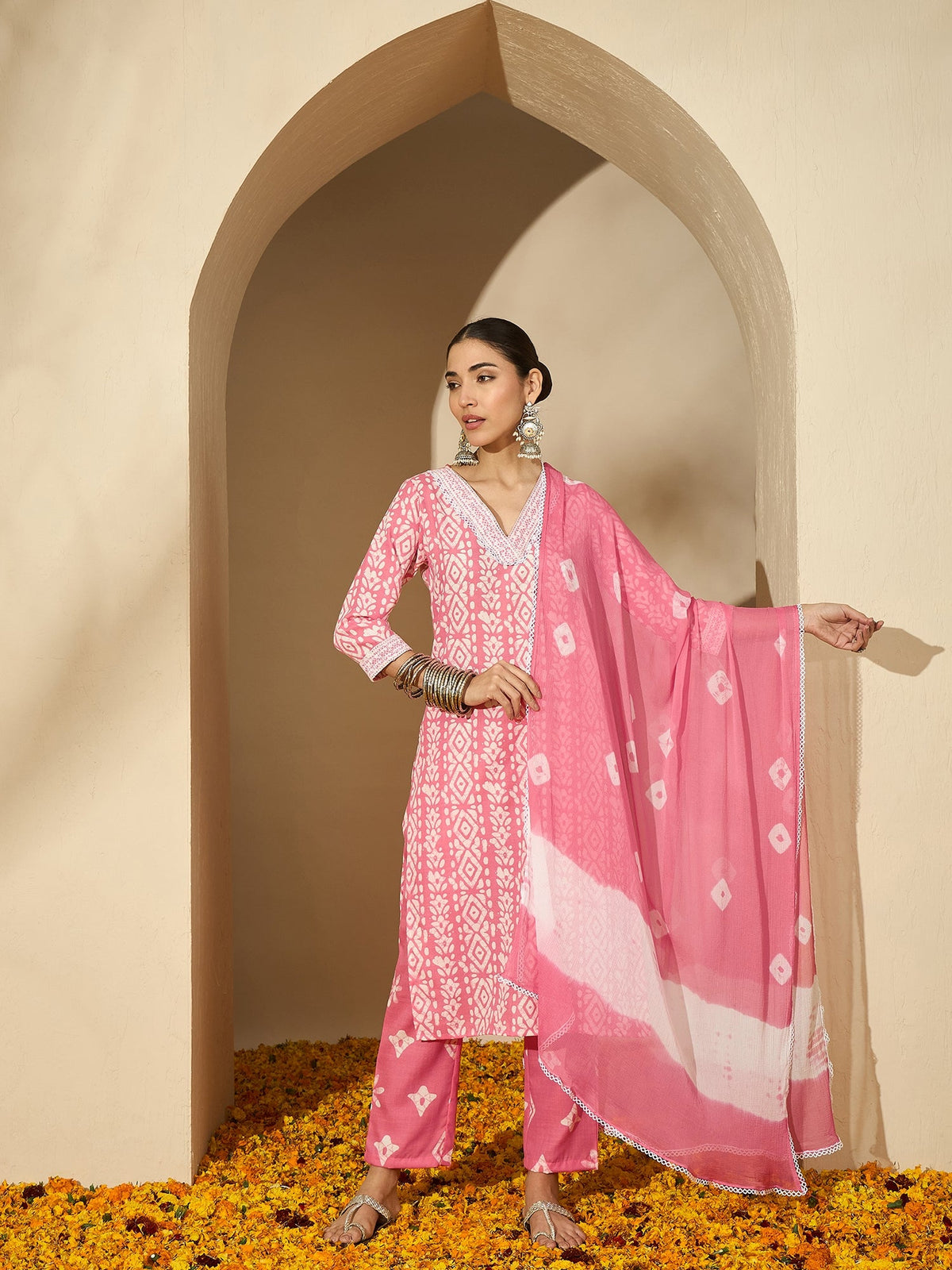 Peach Blossom Trail Floral Printed Straight Kurta with Trouser & Dupatta