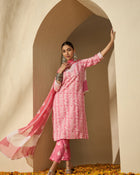 Peach Blossom Trail Floral Printed Straight Kurta with Trouser & Dupatta
