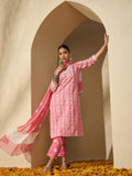 Peach Blossom Trail Floral Printed Straight Kurta with Trouser & Dupatta