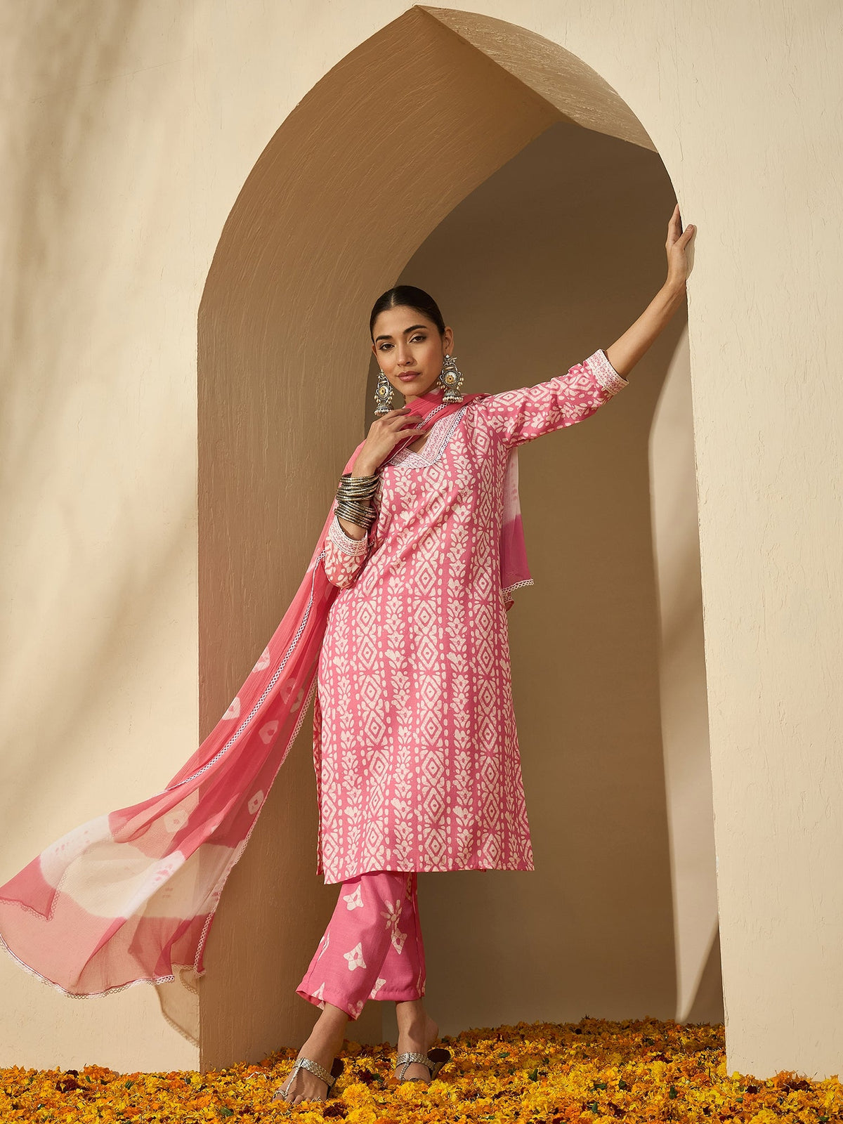 Peach Blossom Trail Floral Printed Straight Kurta with Trouser & Dupatta
