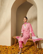 Peach Blossom Trail Floral Printed Straight Kurta with Trouser & Dupatta