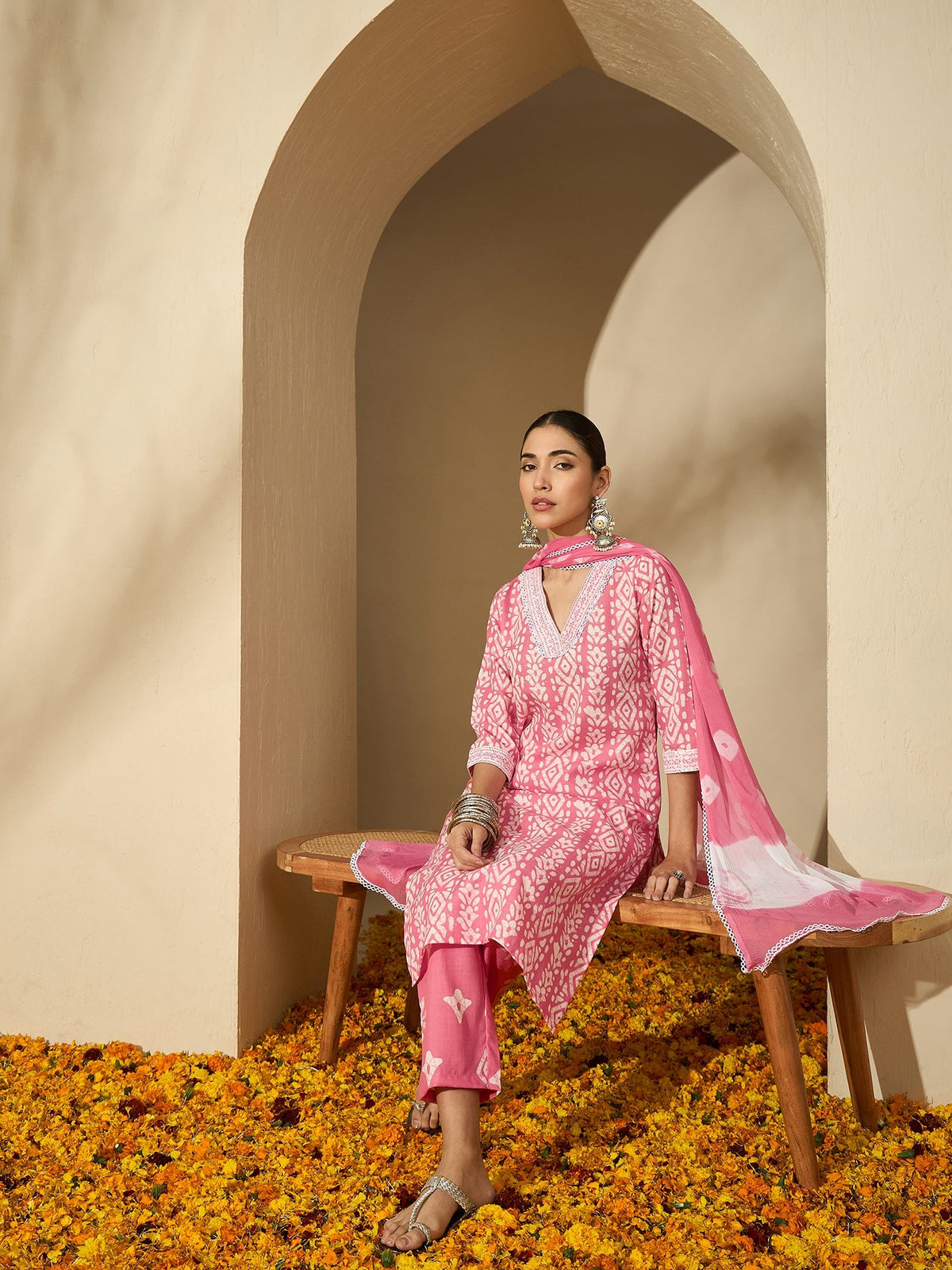 Peach Blossom Trail Floral Printed Straight Kurta with Trouser & Dupatta