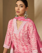 Peach Blossom Trail Floral Printed Straight Kurta with Trouser & Dupatta