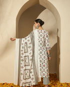 Pearl Garden Floral Printed White Lace Kurta Set with Dupatta