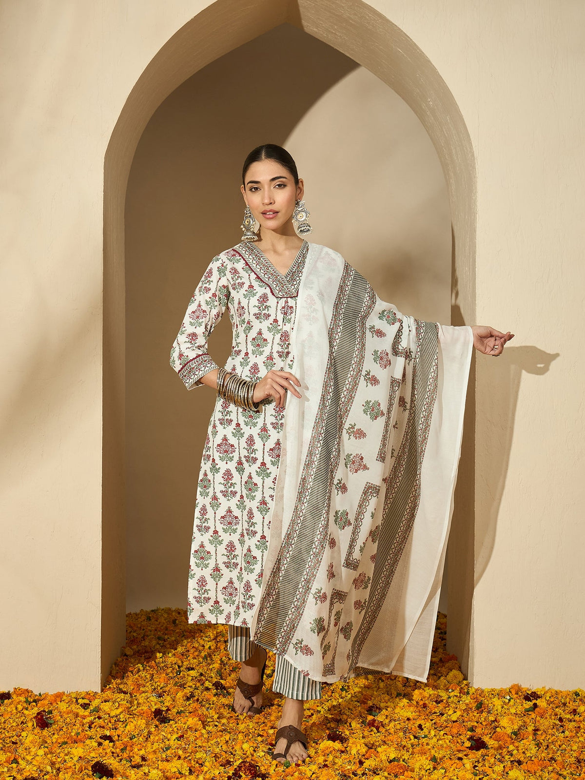 Pearl Garden Floral Printed White Lace Kurta Set with Dupatta
