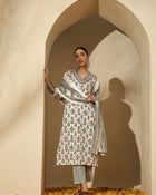 Pearl Garden Floral Printed White Lace Kurta Set with Dupatta