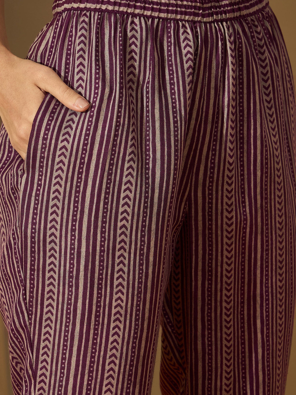 Mulberry Muse Purple & Beige Printed V-Neck Kurta Set with Dupatta