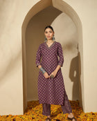Mulberry Muse Purple & Beige Printed V-Neck Kurta Set with Dupatta