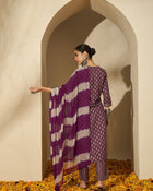 Mulberry Muse Purple & Beige Printed V-Neck Kurta Set with Dupatta