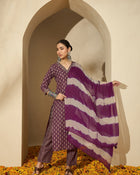 Mulberry Muse Purple & Beige Printed V-Neck Kurta Set with Dupatta