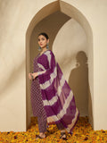 Mulberry Muse Purple & Beige Printed V-Neck Kurta Set with Dupatta