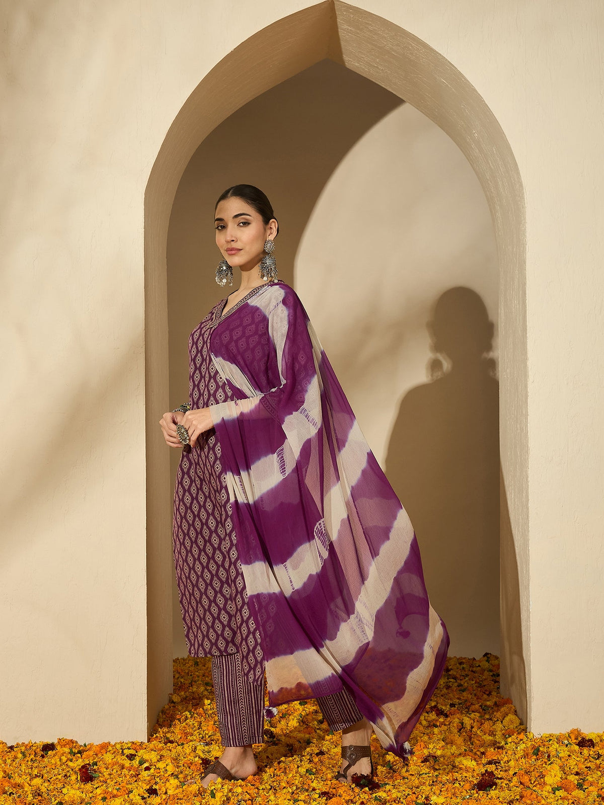 Mulberry Muse Purple & Beige Printed V-Neck Kurta Set with Dupatta