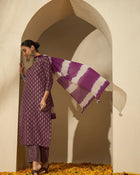 Mulberry Muse Purple & Beige Printed V-Neck Kurta Set with Dupatta