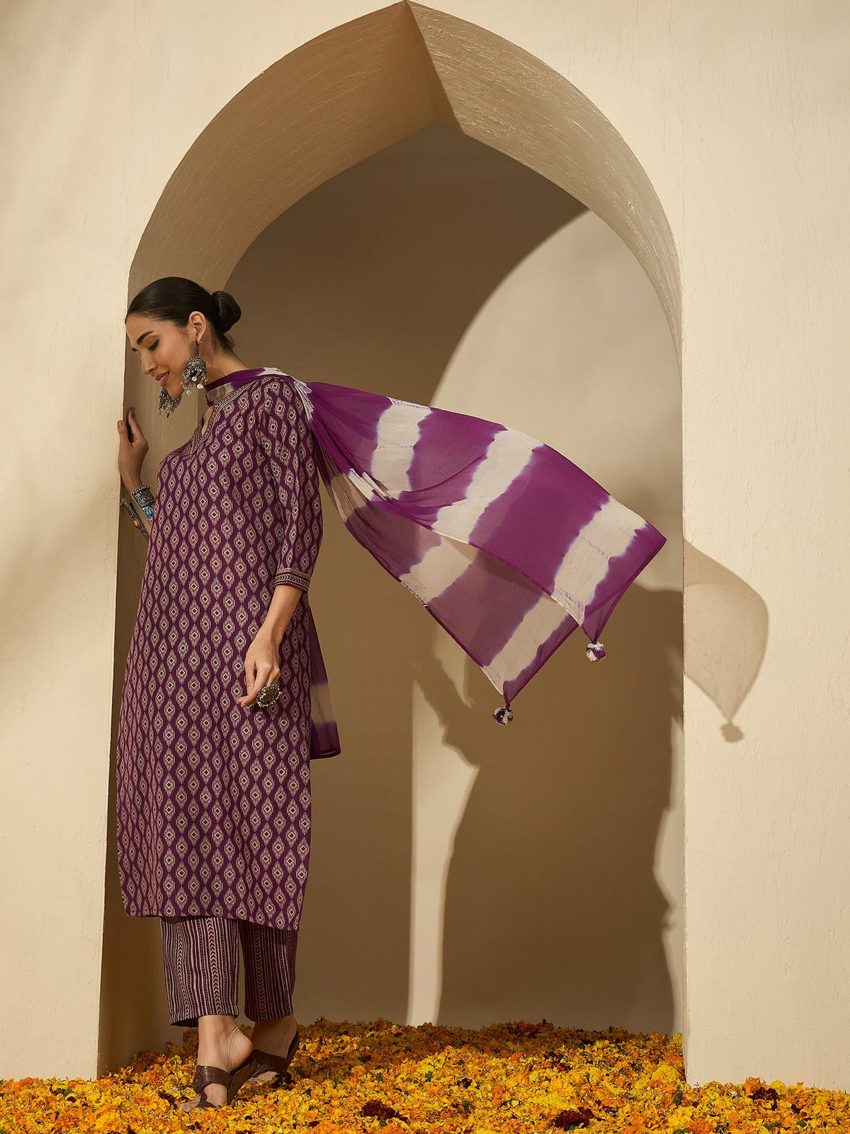 Mulberry Muse Purple & Beige Printed V-Neck Kurta Set with Dupatta