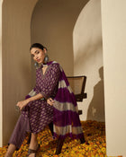 Mulberry Muse Purple & Beige Printed V-Neck Kurta Set with Dupatta