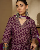 Mulberry Muse Purple & Beige Printed V-Neck Kurta Set with Dupatta