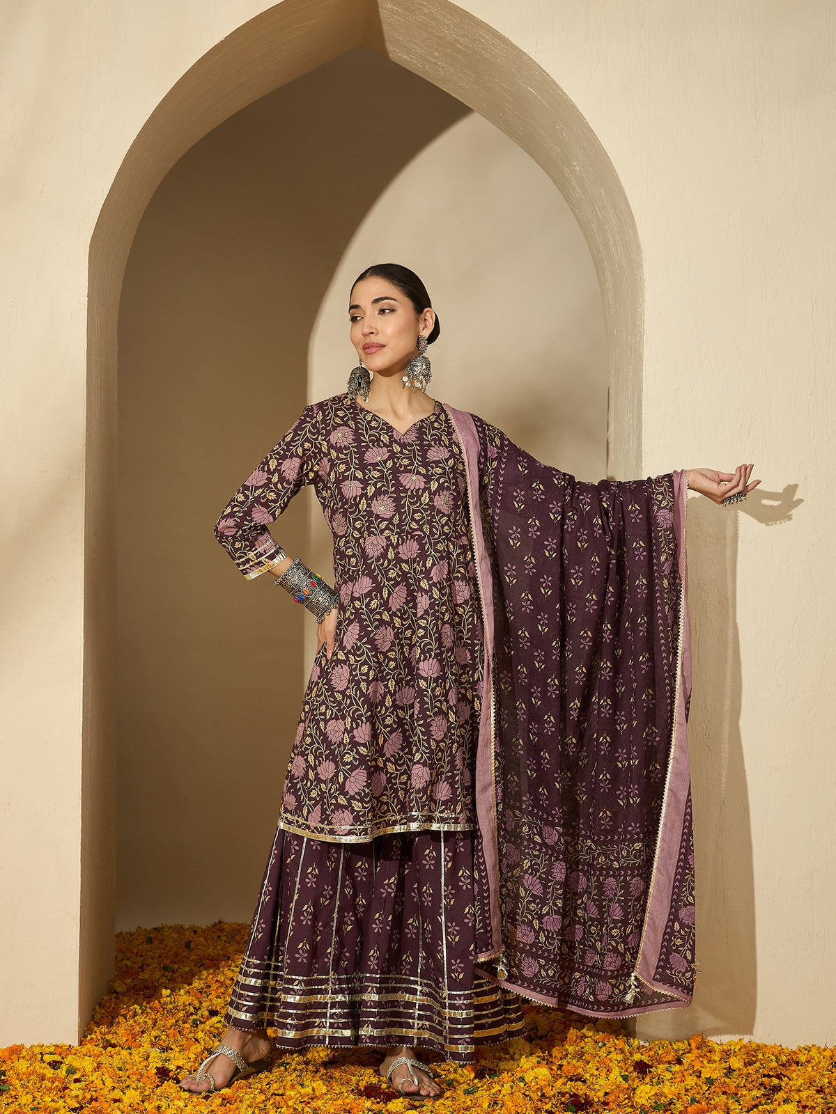 Iris Glow Purple Printed Cotton Kurta Sharara Set with Dupatta