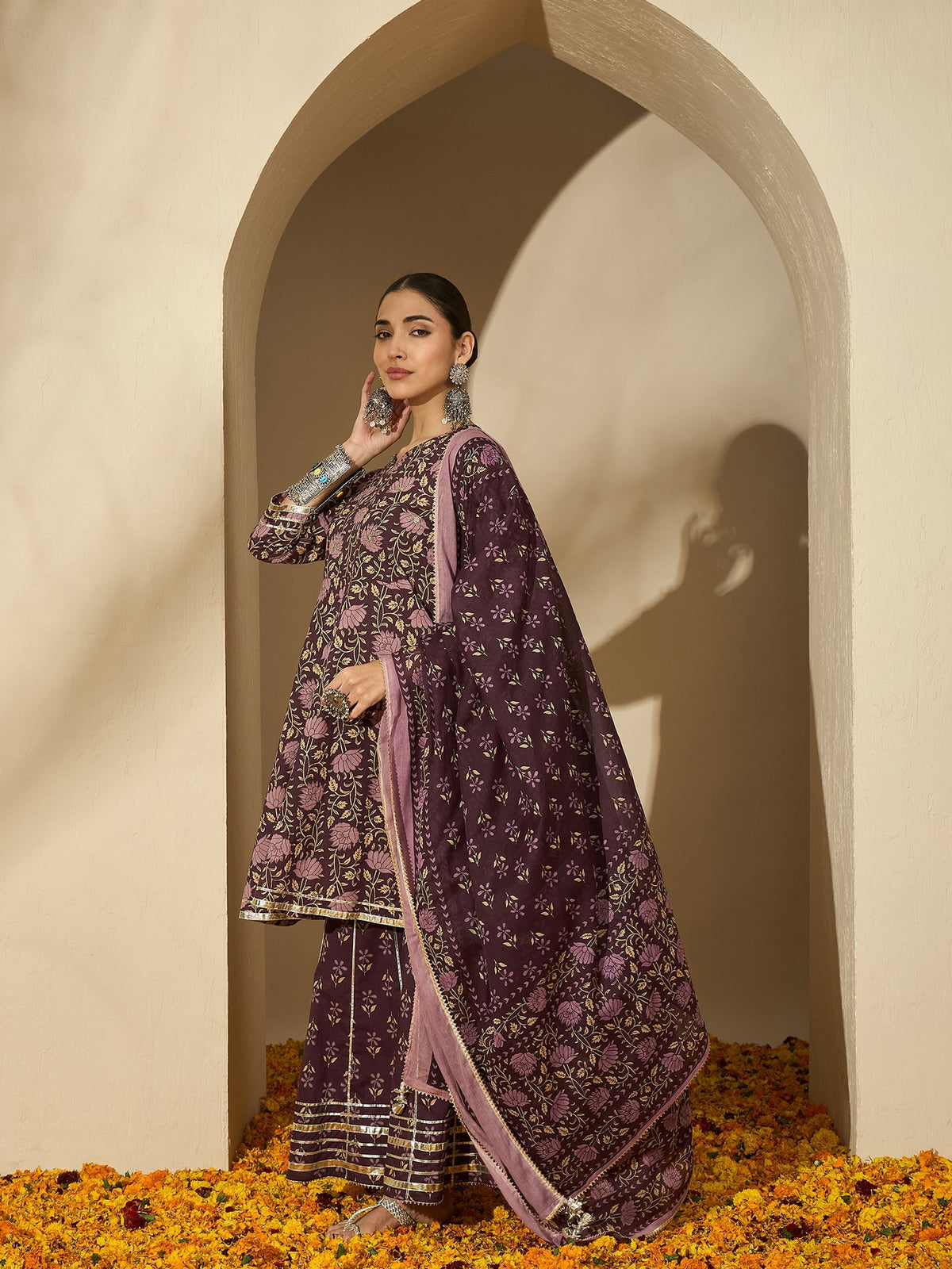 Iris Glow Purple Printed Cotton Kurta Sharara Set with Dupatta