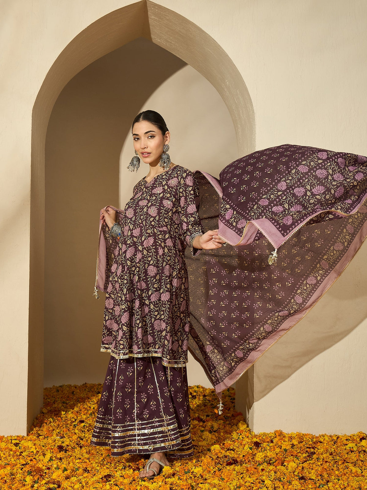 Iris Glow Purple Printed Cotton Kurta Sharara Set with Dupatta