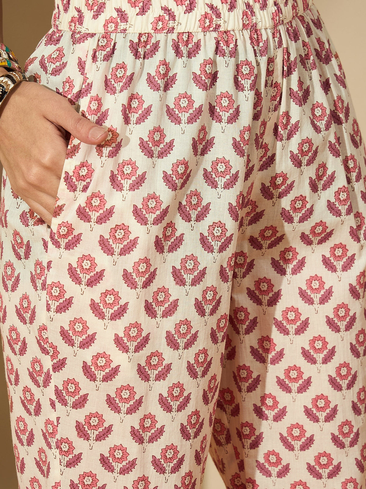 Pastel Vine Floral Printed A-Line Cotton Kurta with Trouser & Dupatta