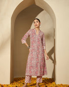 Pastel Vine Floral Printed A-Line Cotton Kurta with Trouser & Dupatta