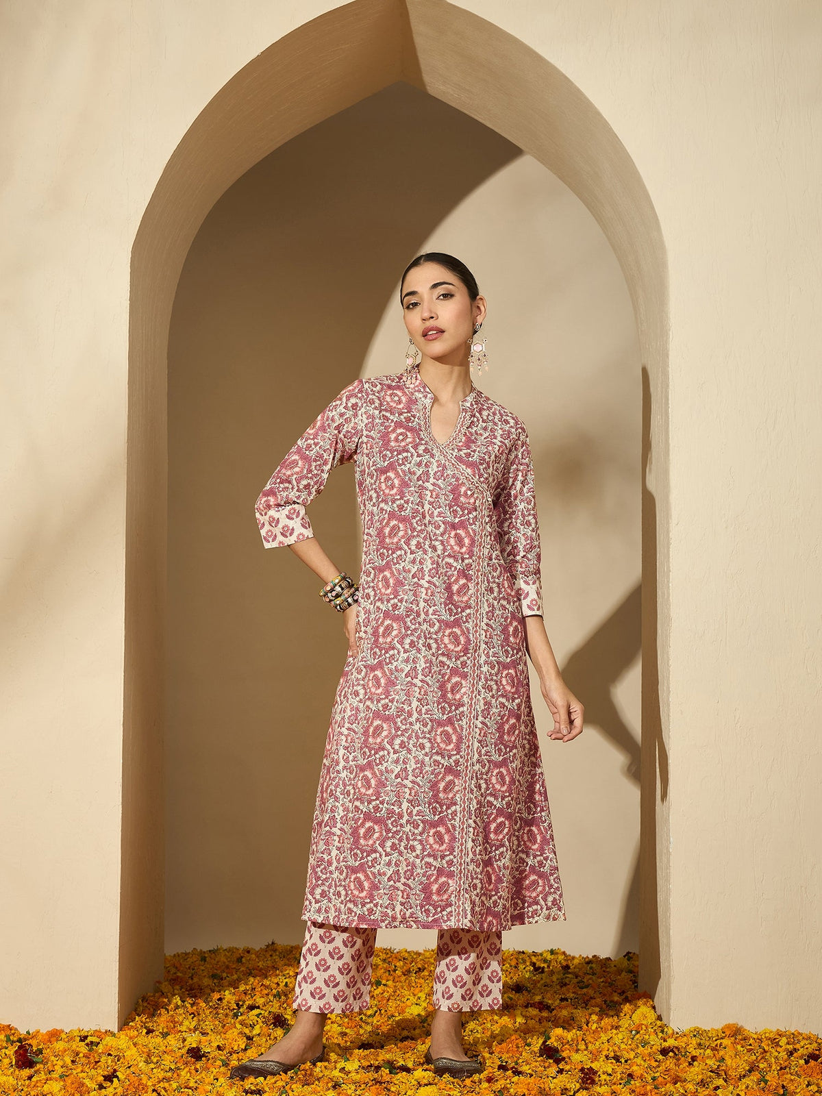 Pastel Vine Floral Printed A-Line Cotton Kurta with Trouser & Dupatta