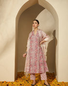 Pastel Vine Floral Printed A-Line Cotton Kurta with Trouser & Dupatta