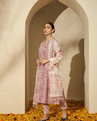 Pastel Vine Floral Printed A-Line Cotton Kurta with Trouser & Dupatta