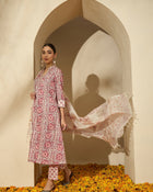 Pastel Vine Floral Printed A-Line Cotton Kurta with Trouser & Dupatta