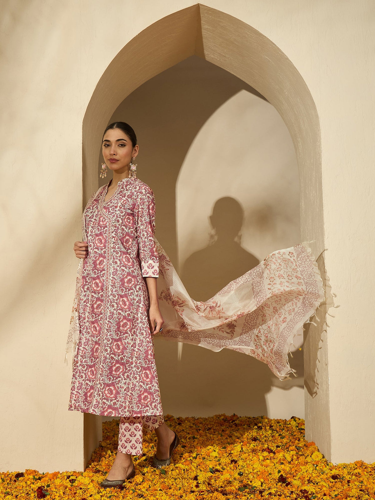 Pastel Vine Floral Printed A-Line Cotton Kurta with Trouser & Dupatta