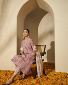 Pastel Vine Floral Printed A-Line Cotton Kurta with Trouser & Dupatta