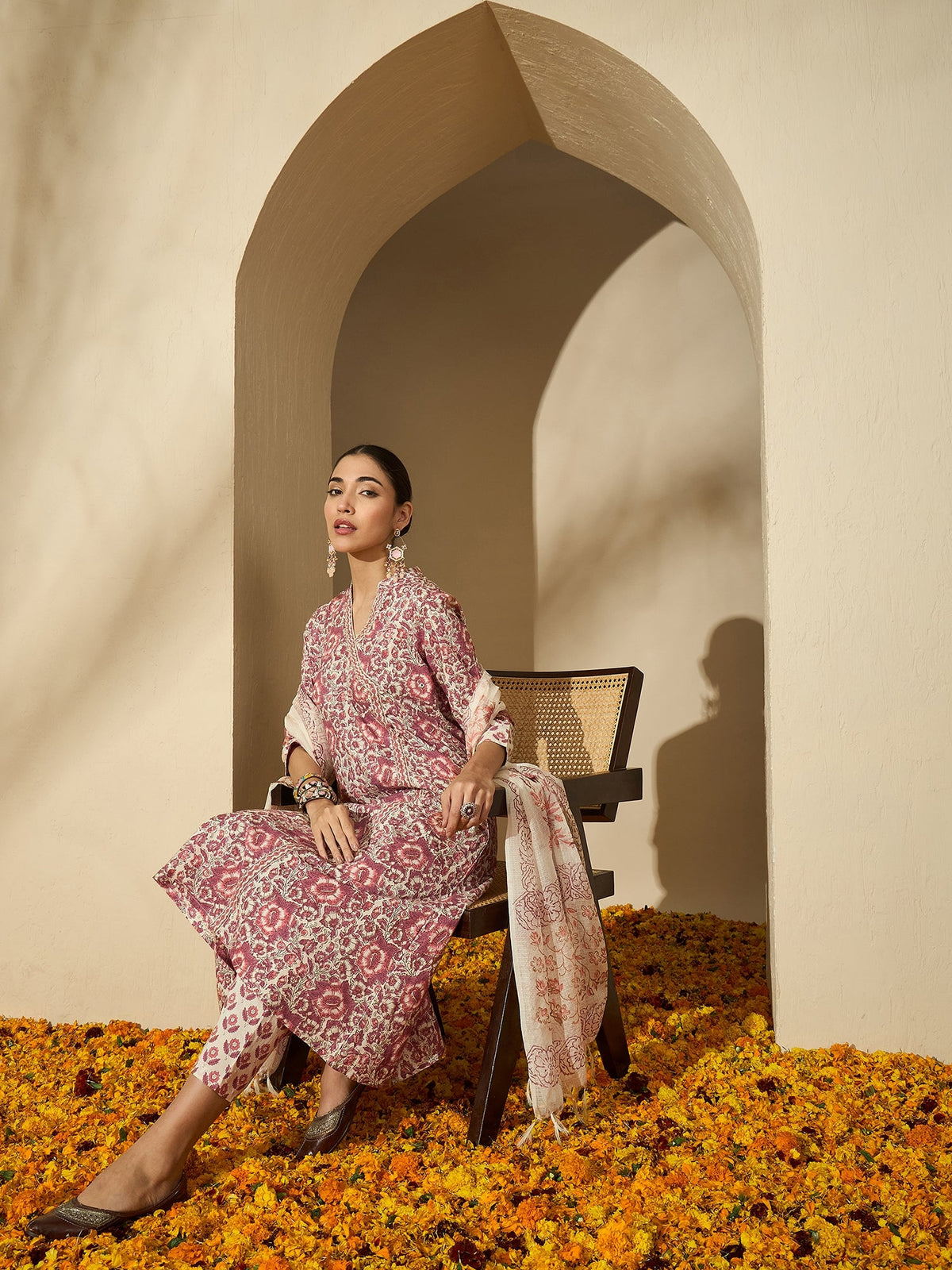 Pastel Vine Floral Printed A-Line Cotton Kurta with Trouser & Dupatta
