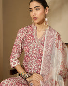 Pastel Vine Floral Printed A-Line Cotton Kurta with Trouser & Dupatta