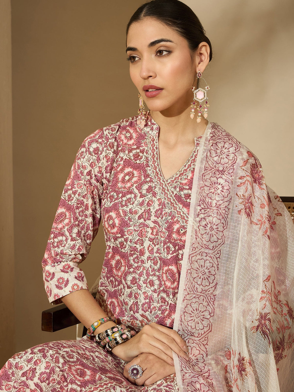 Pastel Vine Floral Printed A-Line Cotton Kurta with Trouser & Dupatta