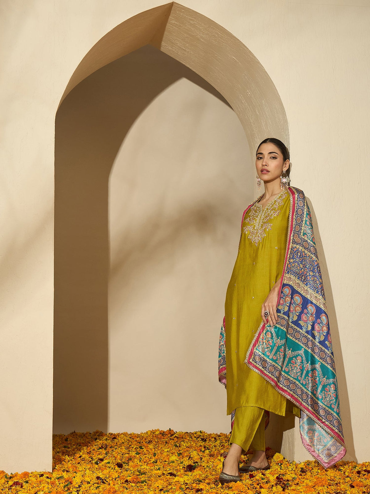 Embroidered Three Quarter Sleeves Kurta Trouser & Dupatta
