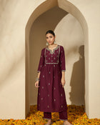 Wine Allure Maroon Embroidered Kurta with Trouser & Dupatta
